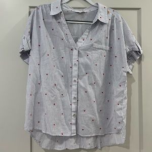 Candies Striped Hearts Collared Tee with Rolled Button Sleeves Polo Button Down